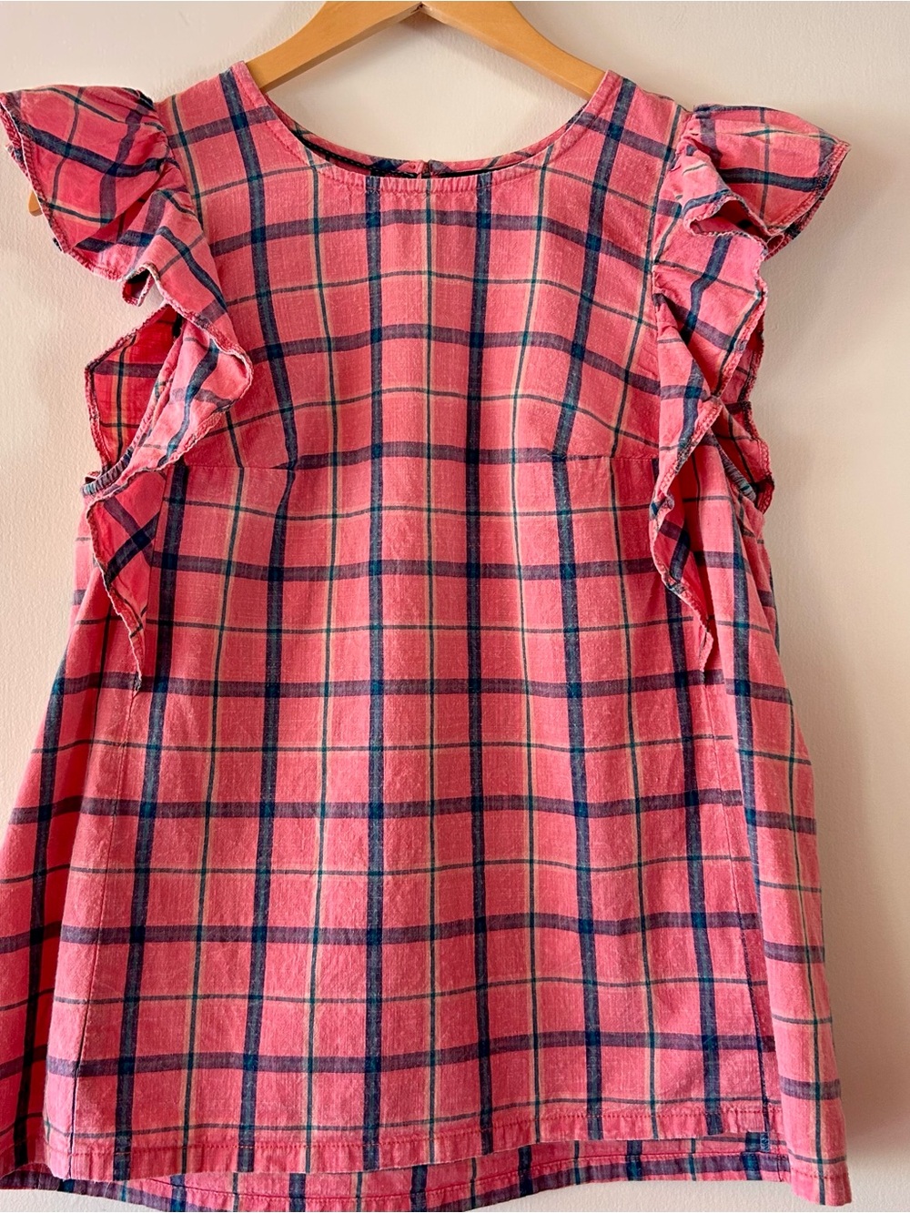 Anthropologie Pink and Navy Plaid Ruffle Sleeve Top Summer Spring 100% Cotton